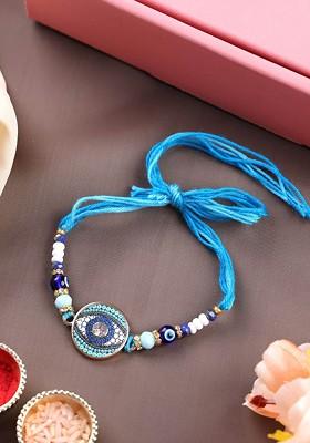Gold Plated Evil Eye With Stone Studded Thread Rakhi With Roli Chawal