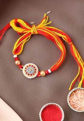 Gold Plated Om Shaped Beaded Thread Rakhi