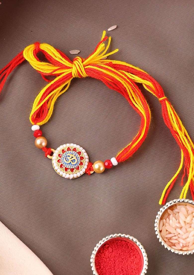 Gold Plated Om Shaped Beaded Thread Rakhi - Indya