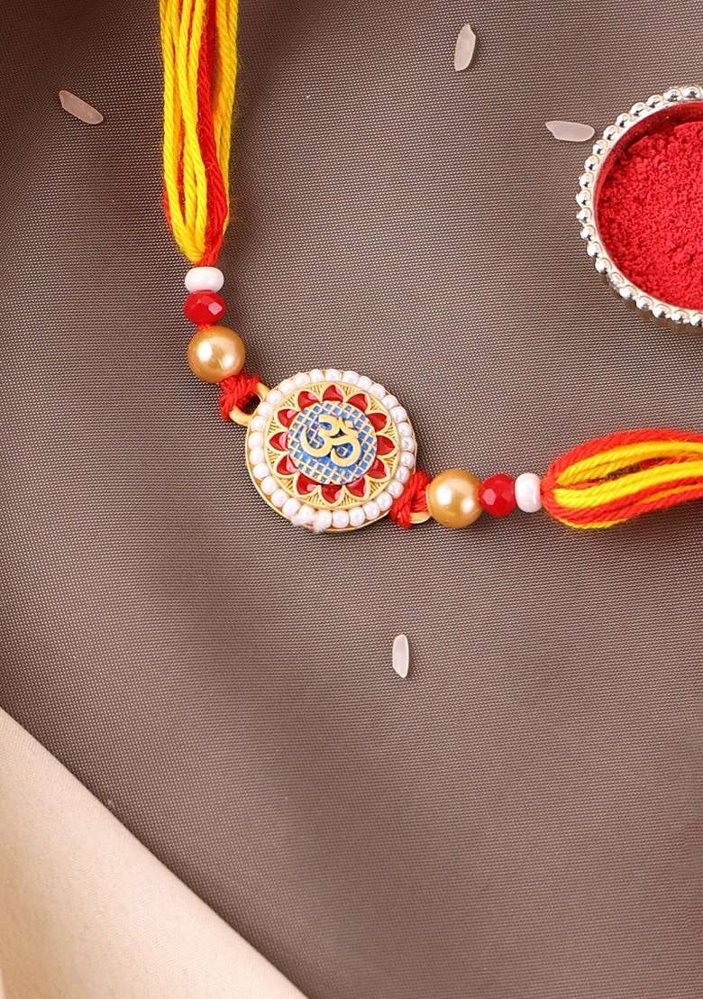 Gold Plated Om Shaped Beaded Thread Rakhi - Indya