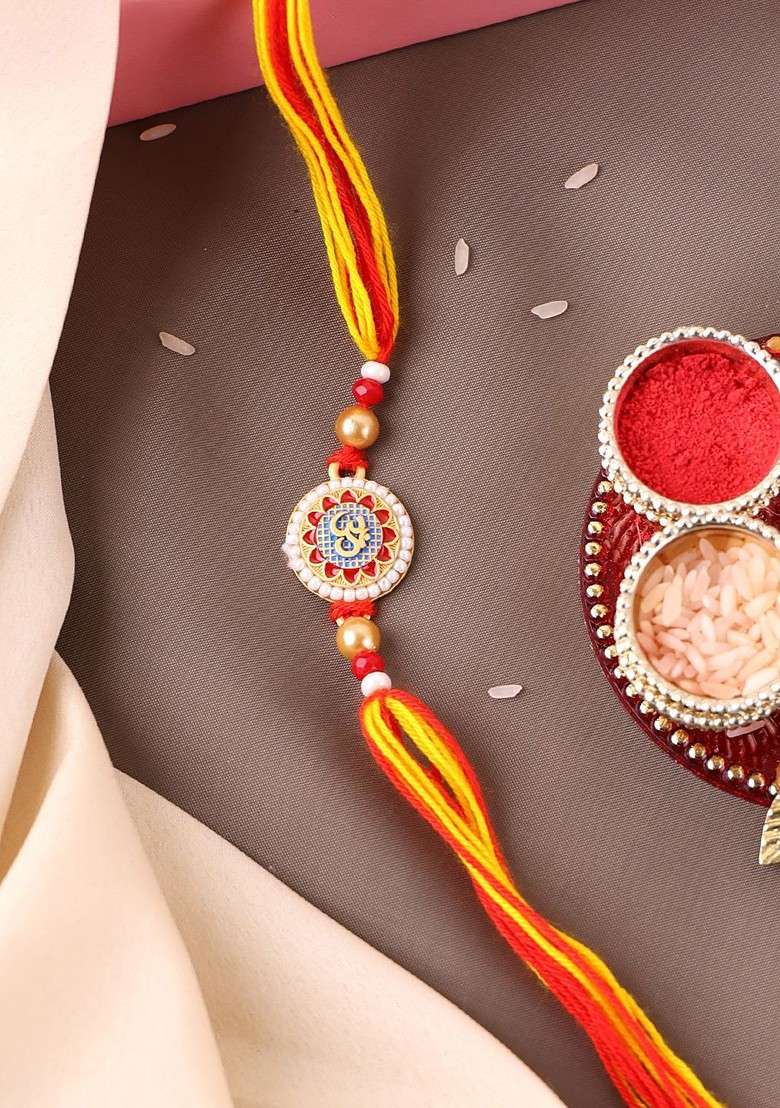 Gold Plated Om Shaped Beaded Thread Rakhi - Indya