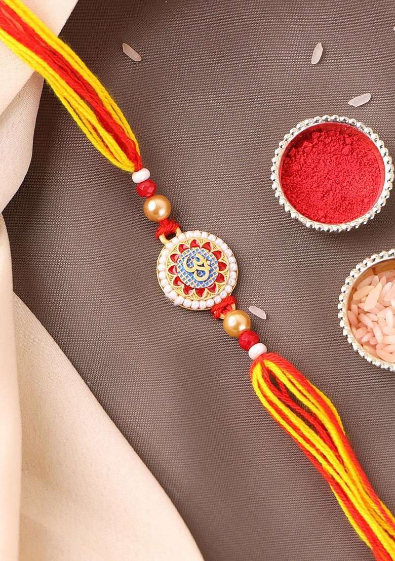 Gold Plated Om Shaped Beaded Thread Rakhi - Indya