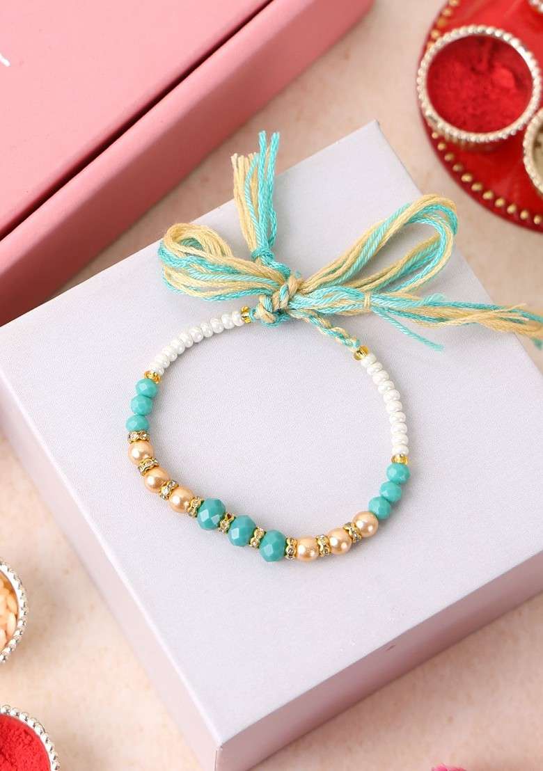 Set Of 4 Gold Plated Beaded Thread Rakhis With Roli Chawal - Indya