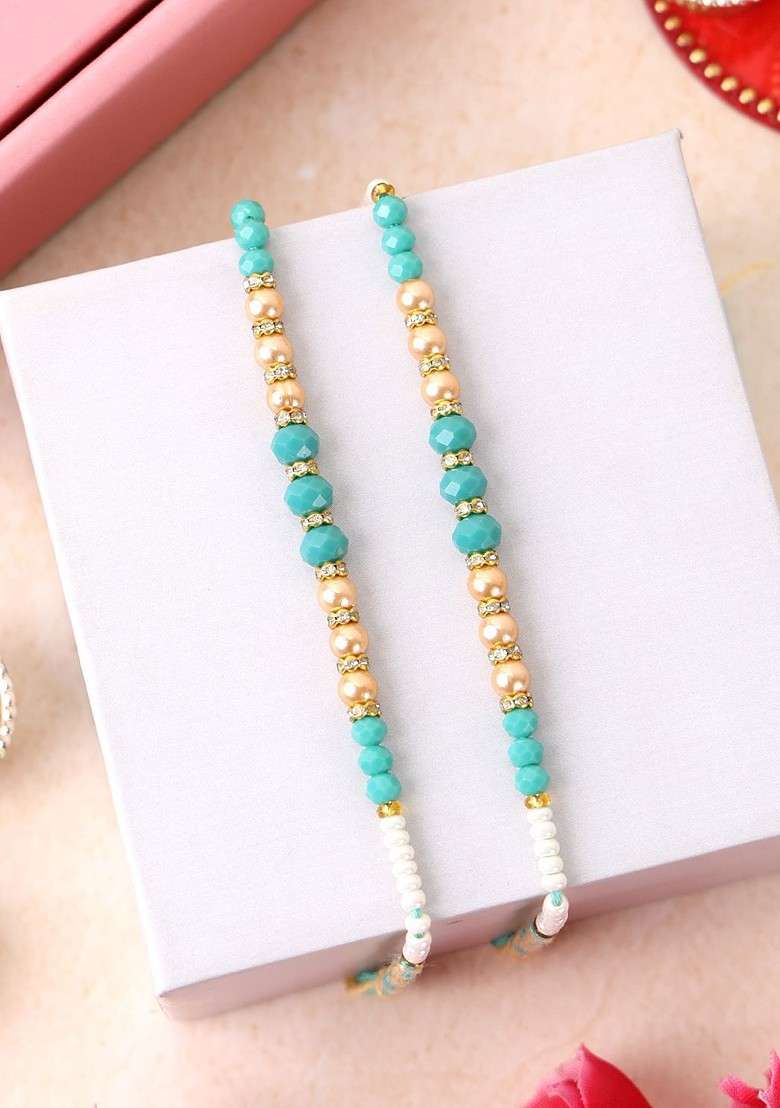 Set Of 4 Gold Plated Beaded Thread Rakhis With Roli Chawal - Indya