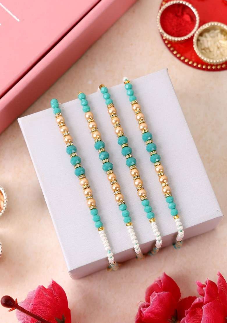 Set Of 4 Gold Plated Beaded Thread Rakhis With Roli Chawal - Indya