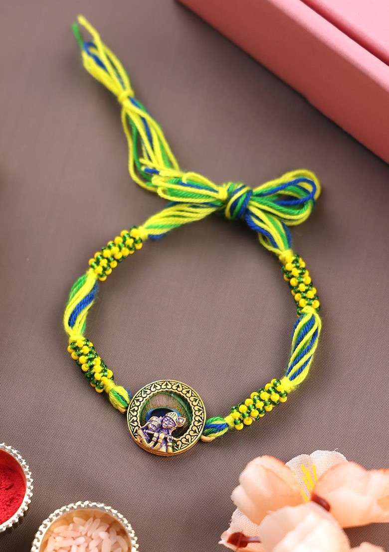 Gold Plated Krishna Shaped Thread Rakhi With Roli Chawal - Indya