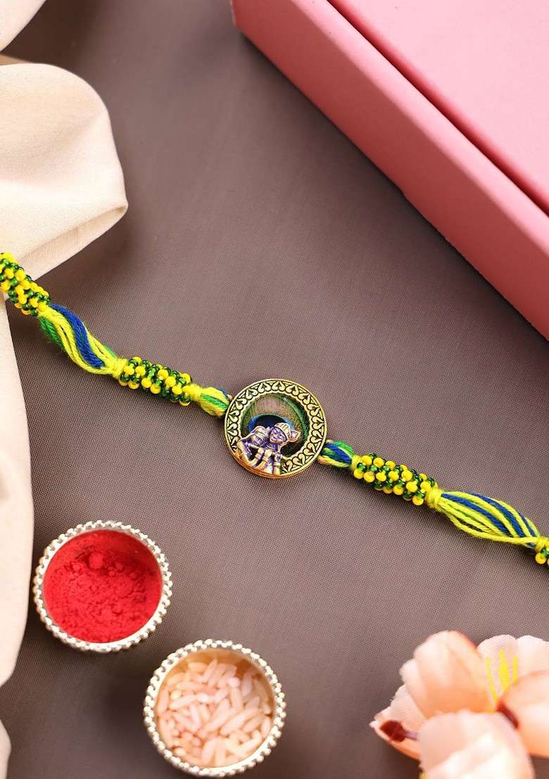 Gold Plated Krishna Shaped Thread Rakhi With Roli Chawal - Indya