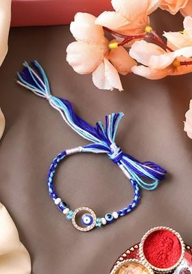 Gold Plated Evil Eye With Stone Studded Thread Rakhi With Roli Chawal