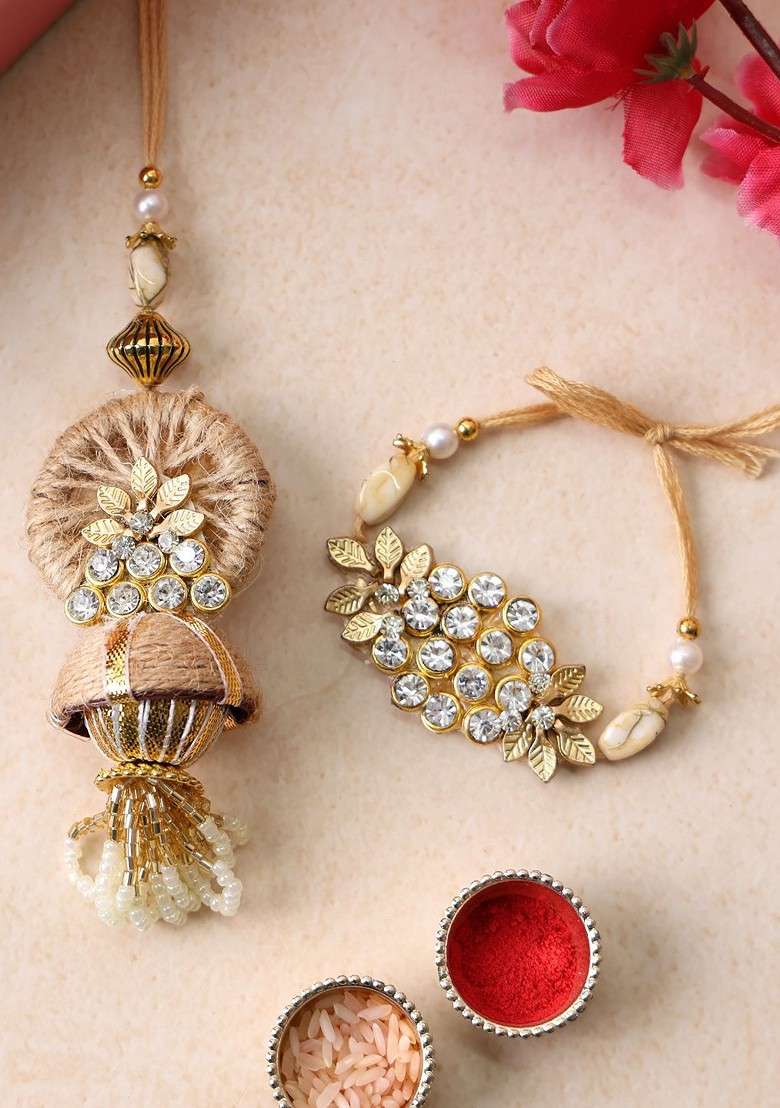 Gold Plated Beaded With Stone Studded Bhaiya Bhabhi Rakhi With Roli Chawal - Indya
