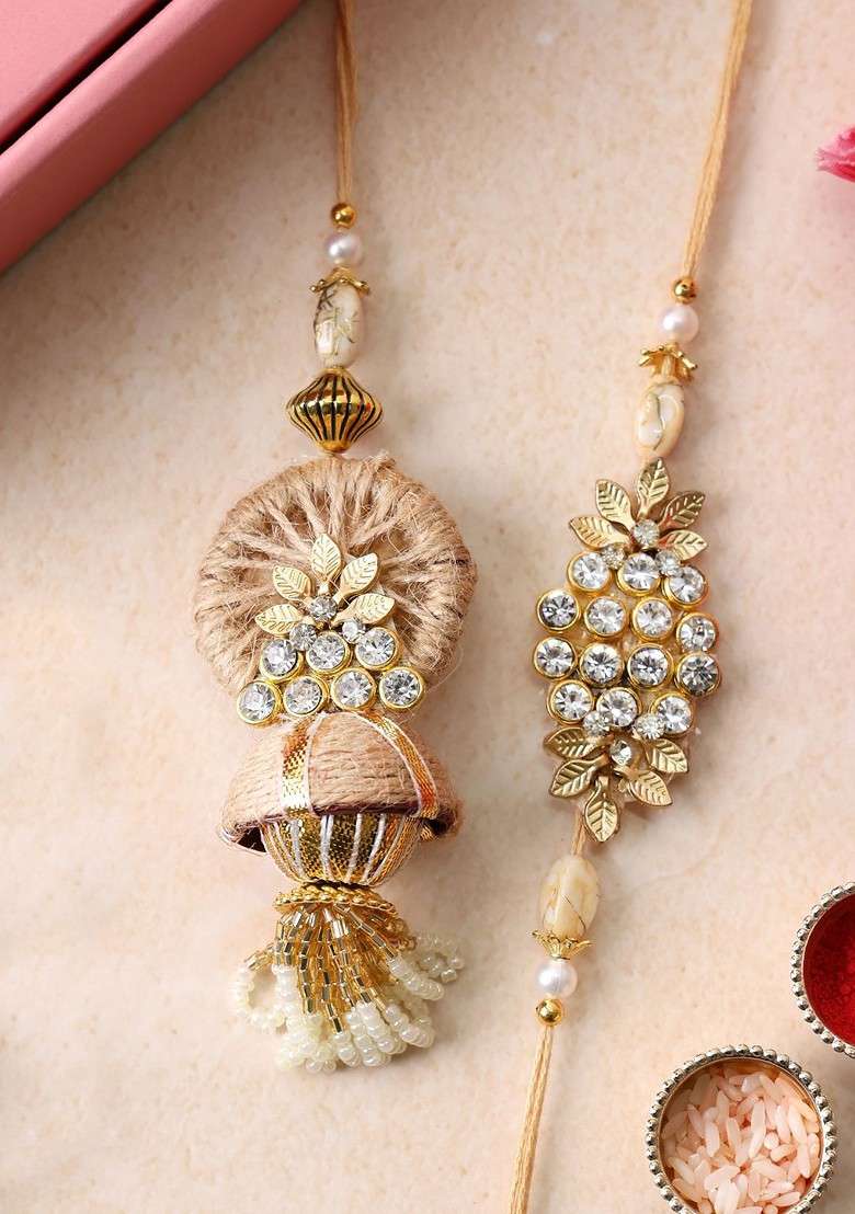 Gold Plated Beaded With Stone Studded Bhaiya Bhabhi Rakhi With Roli Chawal - Indya