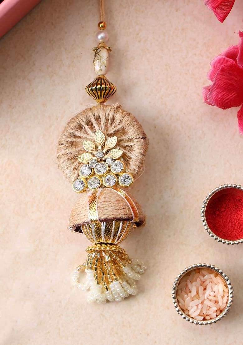 Gold Plated Beaded With Stone Studded Bhaiya Bhabhi Rakhi With Roli Chawal - Indya