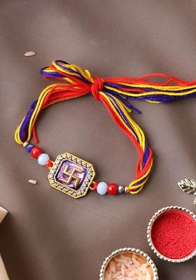 Gold Plated Om Shaped Beaded Thread Rakhi With Roli Chawal