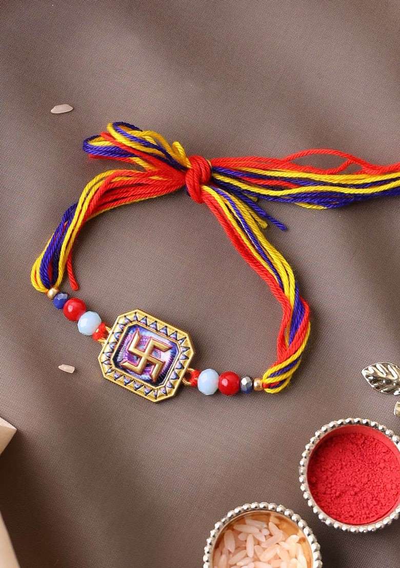 Gold Plated Om Shaped Beaded Thread Rakhi With Roli Chawal - Indya