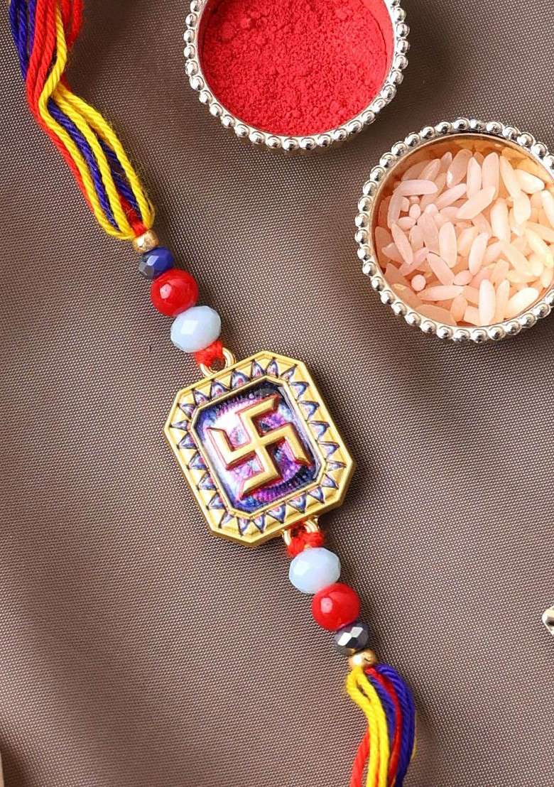Gold Plated Om Shaped Beaded Thread Rakhi With Roli Chawal - Indya