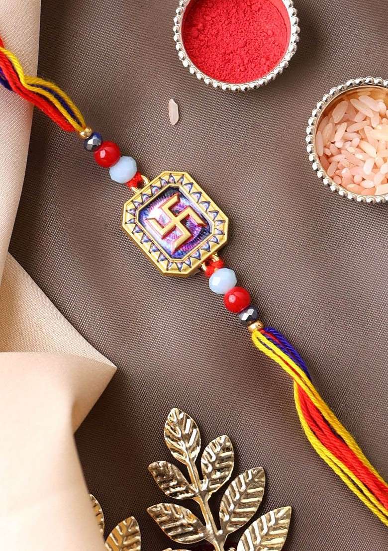 Gold Plated Om Shaped Beaded Thread Rakhi With Roli Chawal - Indya