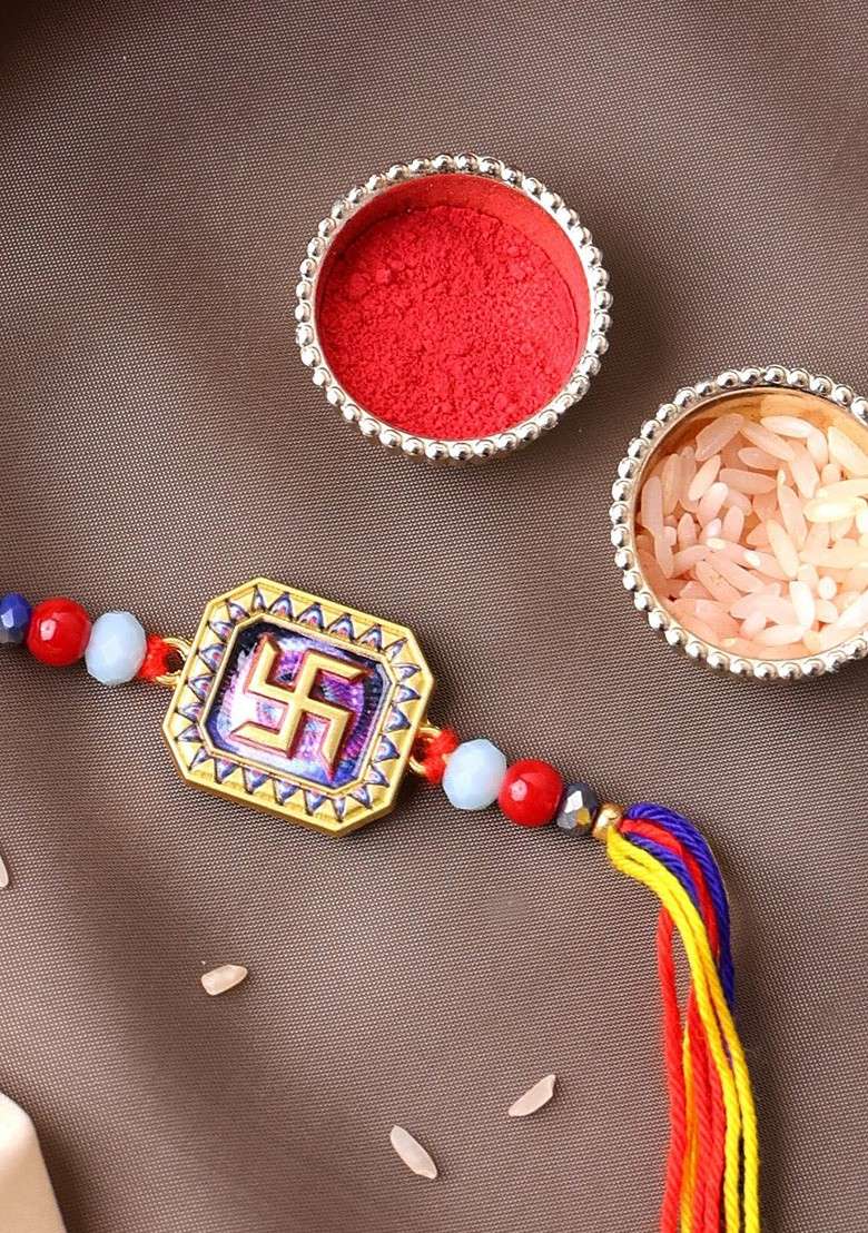 Gold Plated Om Shaped Beaded Thread Rakhi With Roli Chawal - Indya