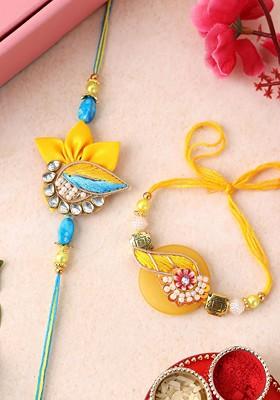 Set Of 2 Gold Plated Stone Studded Thread Rakhis With Roli Chawal