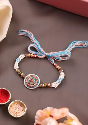 Gold Plated Beaded With Stone Thread Rakhi With Roli Chawal