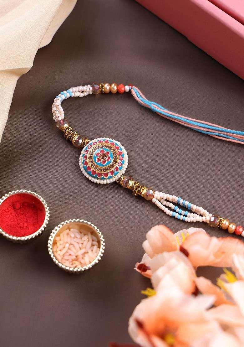Gold Plated Beaded With Stone Thread Rakhi With Roli Chawal - Indya