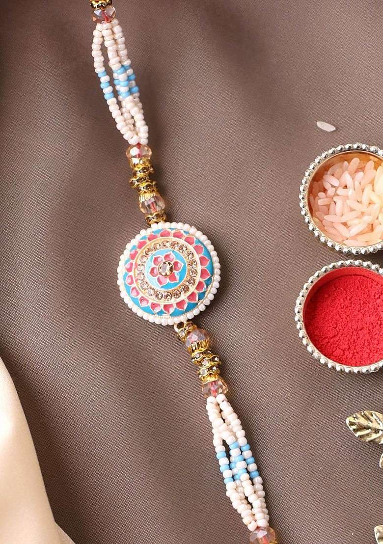 Gold Plated Beaded With Stone Thread Rakhi With Roli Chawal - Indya