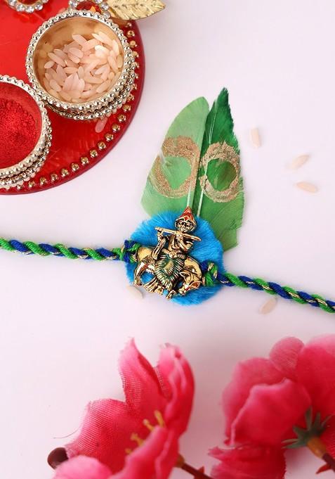 Silver Plated Krishan Temple Shaped Thread Rakhi With Roli Chawal