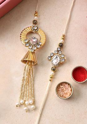 Gold Plated Beaded With Stone Studded Thread Bhaiya Bhabhi Rakhis With Roli Chawal