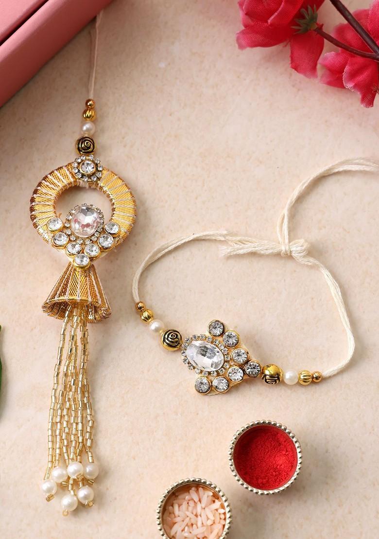 Gold Plated Beaded With Stone Studded Thread Bhaiya Bhabhi Rakhis With Roli Chawal - Indya