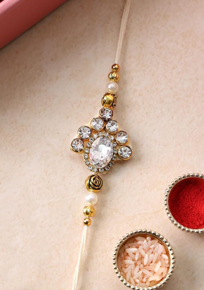 Gold Plated Beaded With Stone Studded Thread Bhaiya Bhabhi Rakhis With Roli Chawal - Indya