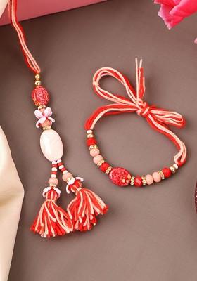 Gold Plated Beaded Thread Bhaiya Bhabhi Rakhis With Roli Chawal