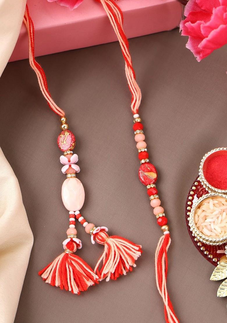 Gold Plated Beaded Thread Bhaiya Bhabhi Rakhis With Roli Chawal - Indya