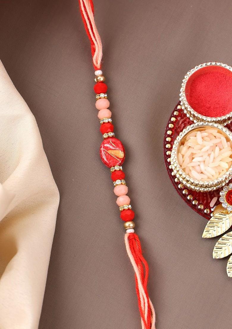 Gold Plated Beaded Thread Bhaiya Bhabhi Rakhis With Roli Chawal - Indya