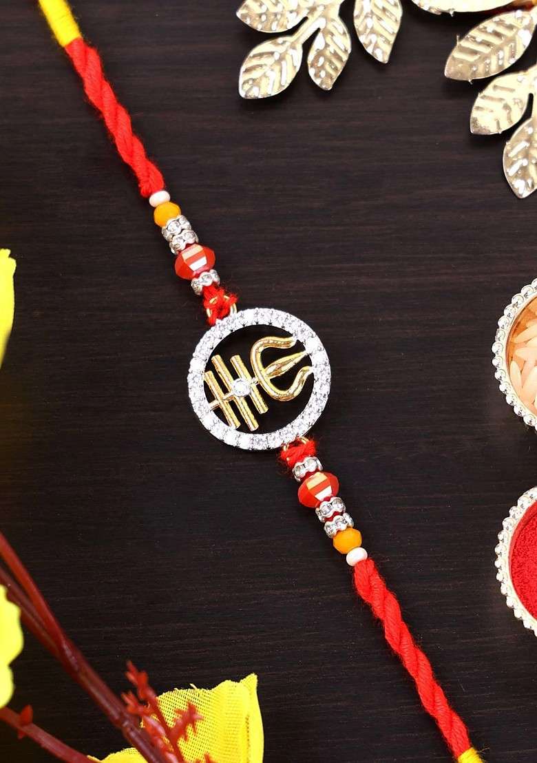 Gold Plated Trident Shaped Beaded Thread Rakhi With Roli Chawal - Indya