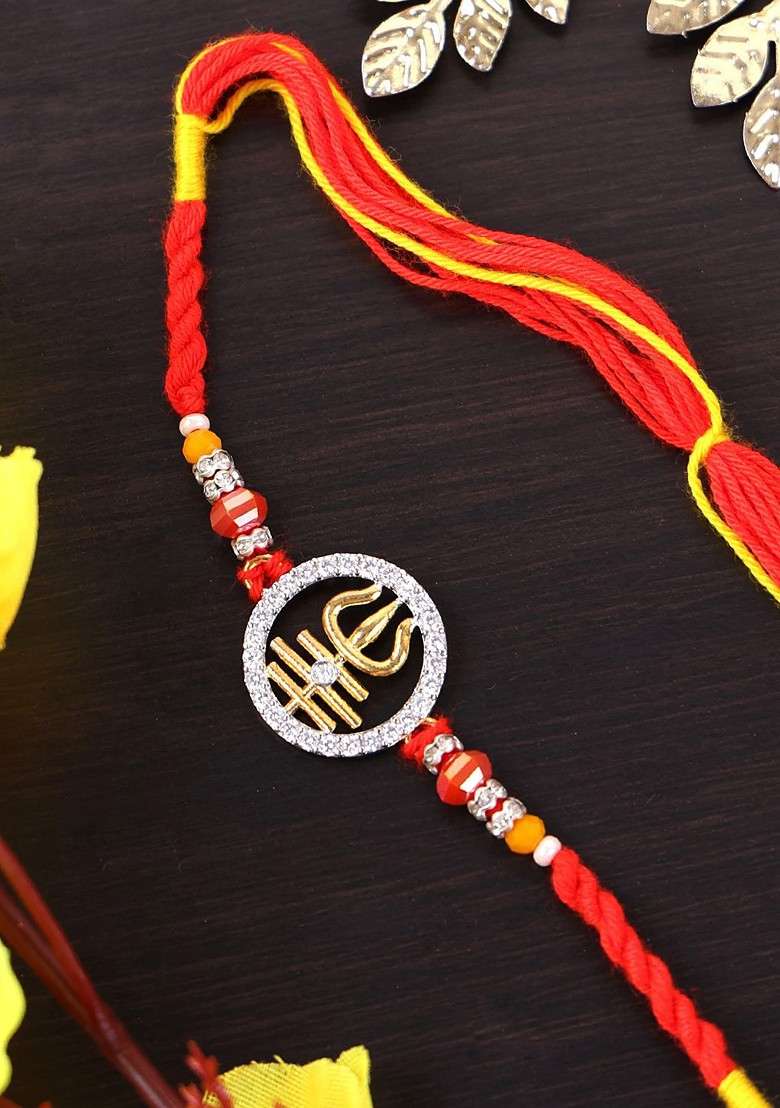 Gold Plated Trident Shaped Beaded Thread Rakhi With Roli Chawal - Indya