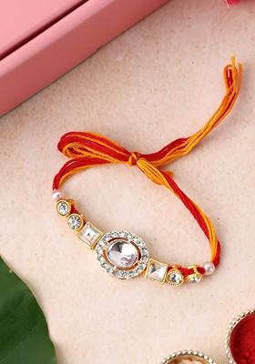 Gold Plated Cz Stone Studded Beaded Rakhi With Roli Chawal