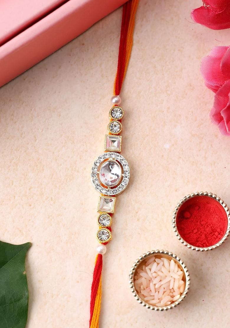 Gold Plated Cz Stone Studded Beaded Rakhi With Roli Chawal - Indya