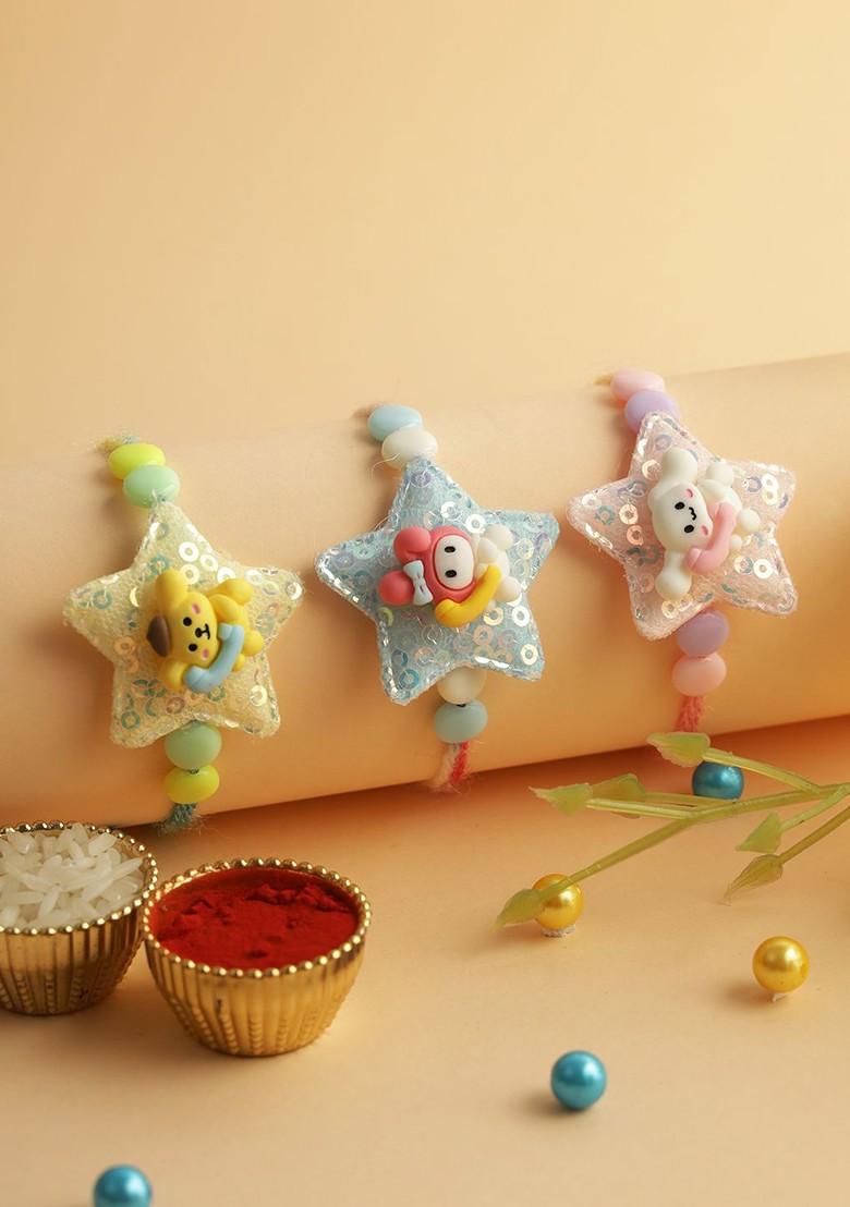 Kids Set Of 3 Star Rakhi With Roli Chawal And Greeting Card - Indya