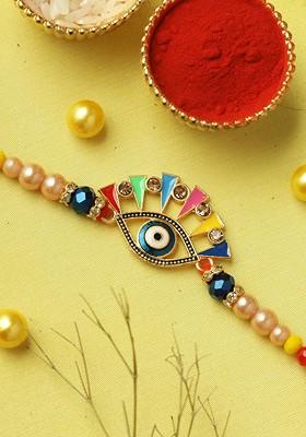 Evil Eye Beaded Rakhi With Roli Chawal And Greetings Card
