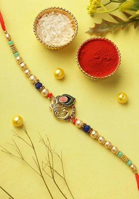 Peacock Feather Pearl Beaded Rakhi With Roli Chawal And Greeting Card