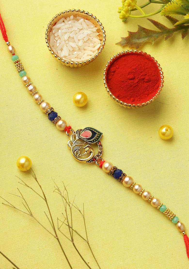 Peacock Feather Pearl Beaded Rakhi With Roli Chawal And Greeting Card - Indya