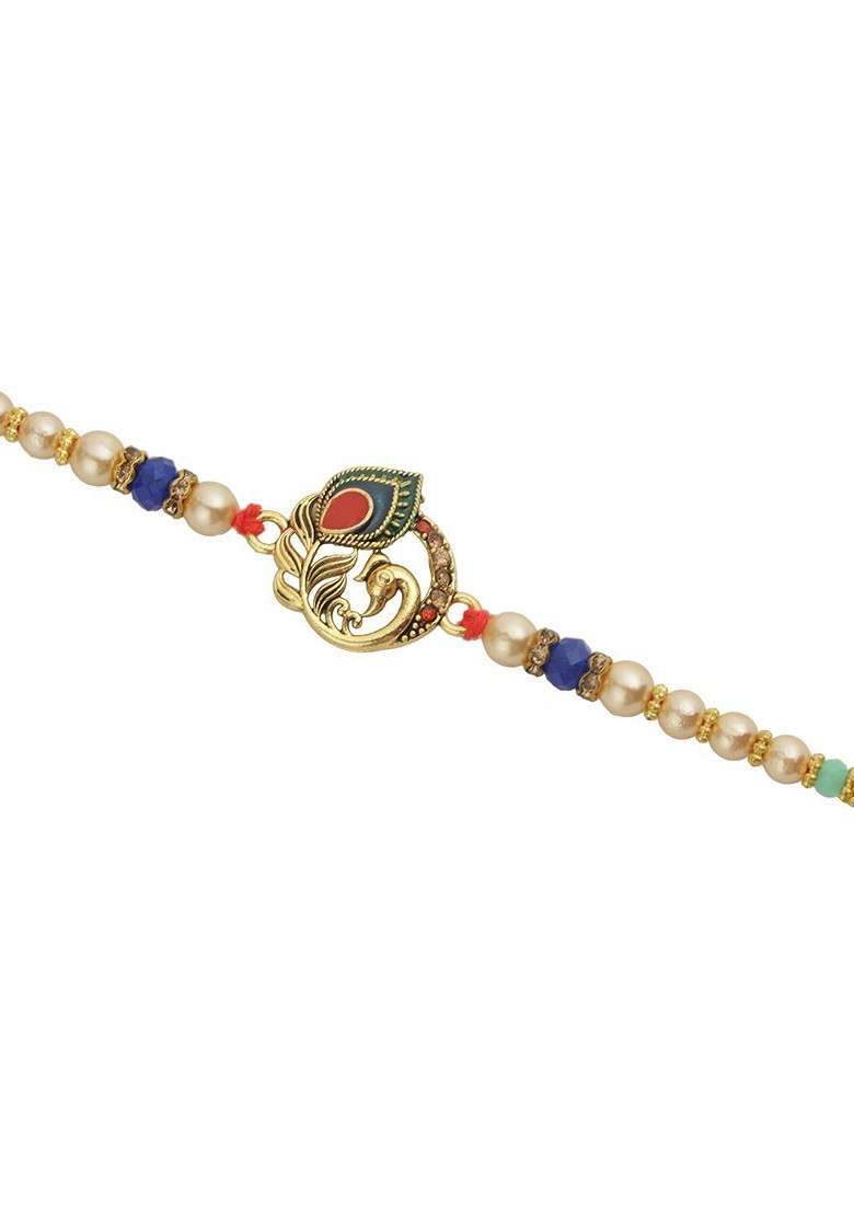 Peacock Feather Pearl Beaded Rakhi With Roli Chawal And Greeting Card - Indya