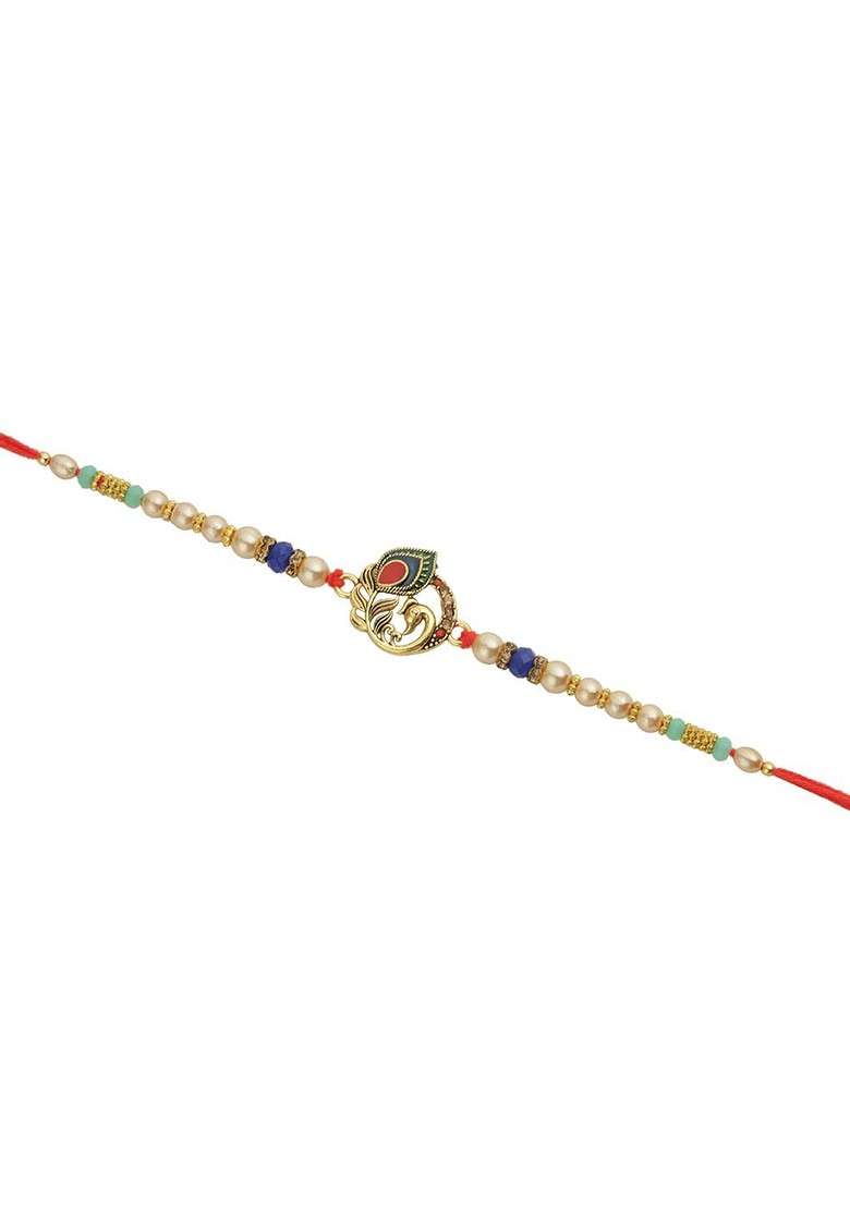 Peacock Feather Pearl Beaded Rakhi With Roli Chawal And Greeting Card - Indya