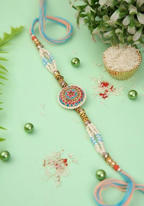 Floral Pearl Beaded Rakhi With Roli Chawal And Greeting Card