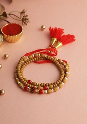 Rudraksh Beaded Rakhi With Roli Chawal And Greeting Card