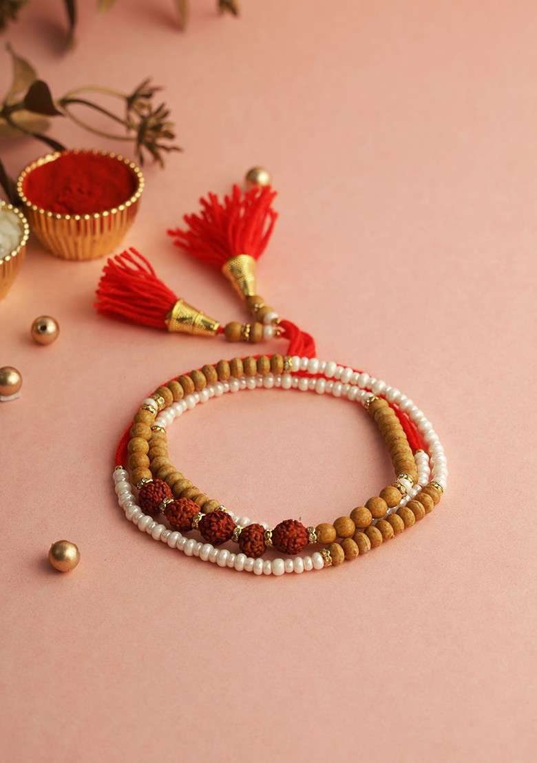Beaded Rudraksh Multistrand Rakhi With Roli Chawal And Greeting Card - Indya