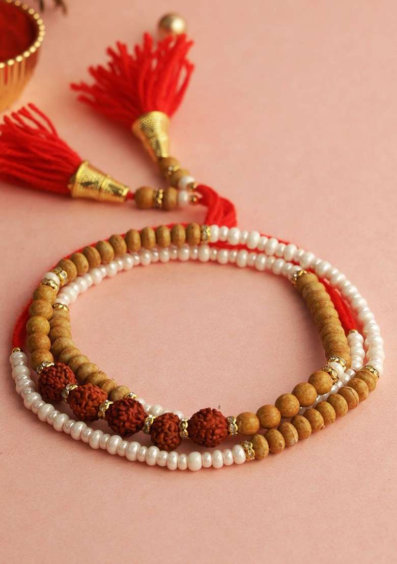 Beaded Rudraksh Multistrand Rakhi With Roli Chawal And Greeting Card - Indya