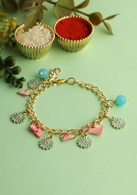Floral Charm Bracelet Rakhi With Roli Chawal And Greetings Card