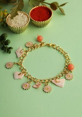 Floral Charm Bracelet Rakhi With Roli Chawal And Greeting Card