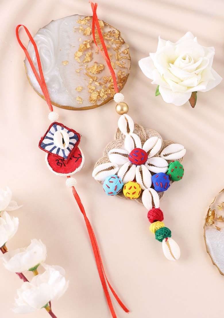 Unisex Set Of 2 Gold Plated Beaded Bhaiya Bhabhi Thread Rakhis With Roli Chawal - Indya