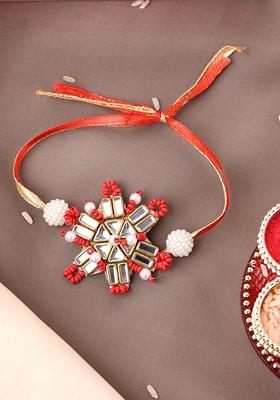 Unisex Gold Plated Beaded Floral Shaped Thread Rakhi With Roli Chawal