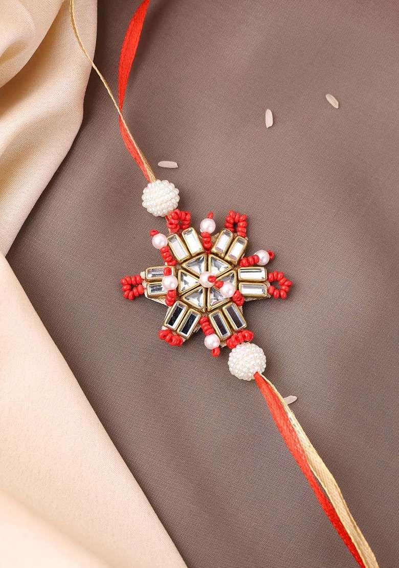 Unisex Gold Plated Beaded Floral Shaped Thread Rakhi With Roli Chawal - Indya